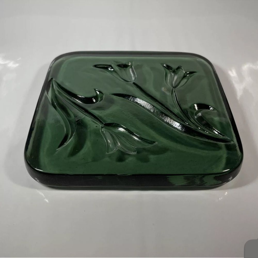 Green Square Glass Tile Paperweight Tulips Spring‎ Flowers Candle Holder 5.25 in